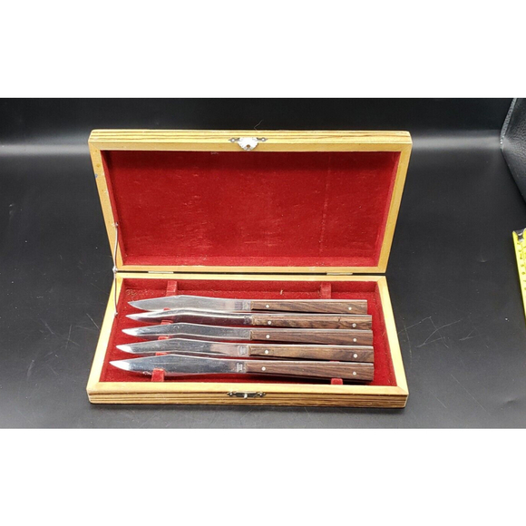 Vintage Mid Century Modern MCM 5 Wood Handle Steak Knife Set - Picture 1 of 12